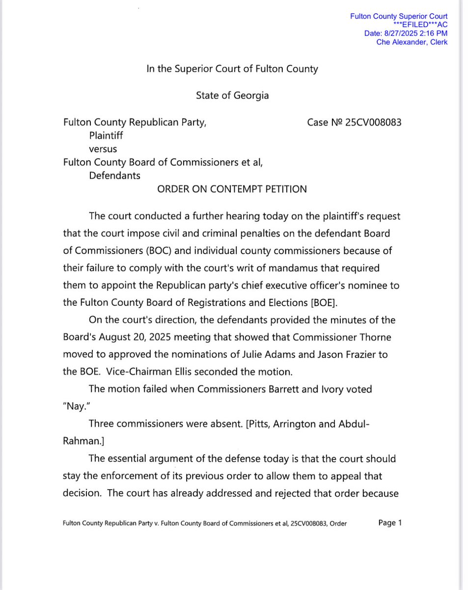 WhatmattersinGeorgia (@whatmattersing) on Twitter photo 🚨 BREAKING: Judge holds Fulton Co. Commissioners in CONTEMPT 🚨
Democrats BLOCKED <a href="/FultonCo_GA_GOP/">Fulton County (GA) Republican Party</a> nominees Julie Adams & <a href="/JasonFrazierUSA/">Jason Frazier 🇺🇲</a> from the Elections Board—defying state law & a writ of mandamus.
👉 Court finds the BOC acted in bad faith
👉 Orders $10,000/day fines 🚨 BREAKING: Judge holds Fulton Co. Commissioners in CONTEMPT 🚨
Democrats BLOCKED <a href="/FultonCo_GA_GOP/">Fulton County (GA) Republican Party</a> nominees Julie Adams & <a href="/JasonFrazierUSA/">Jason Frazier 🇺🇲</a> from the Elections Board—defying state law & a writ of mandamus.
👉 Court finds the BOC acted in bad faith
👉 Orders $10,000/day fines