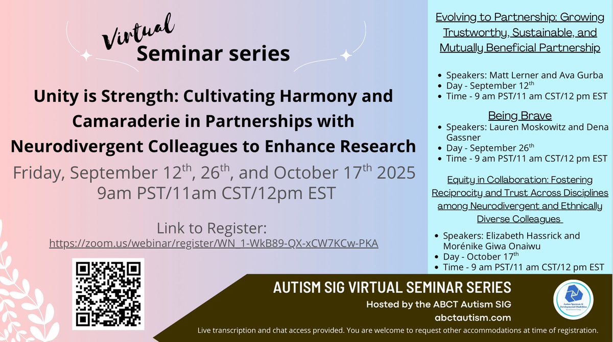 Mark your calendars 🗓️

Join us to learn about cultivating partnerships with neurodivergent colleagues in our seminar series

Link to register: zoom.us/webinar/regist…