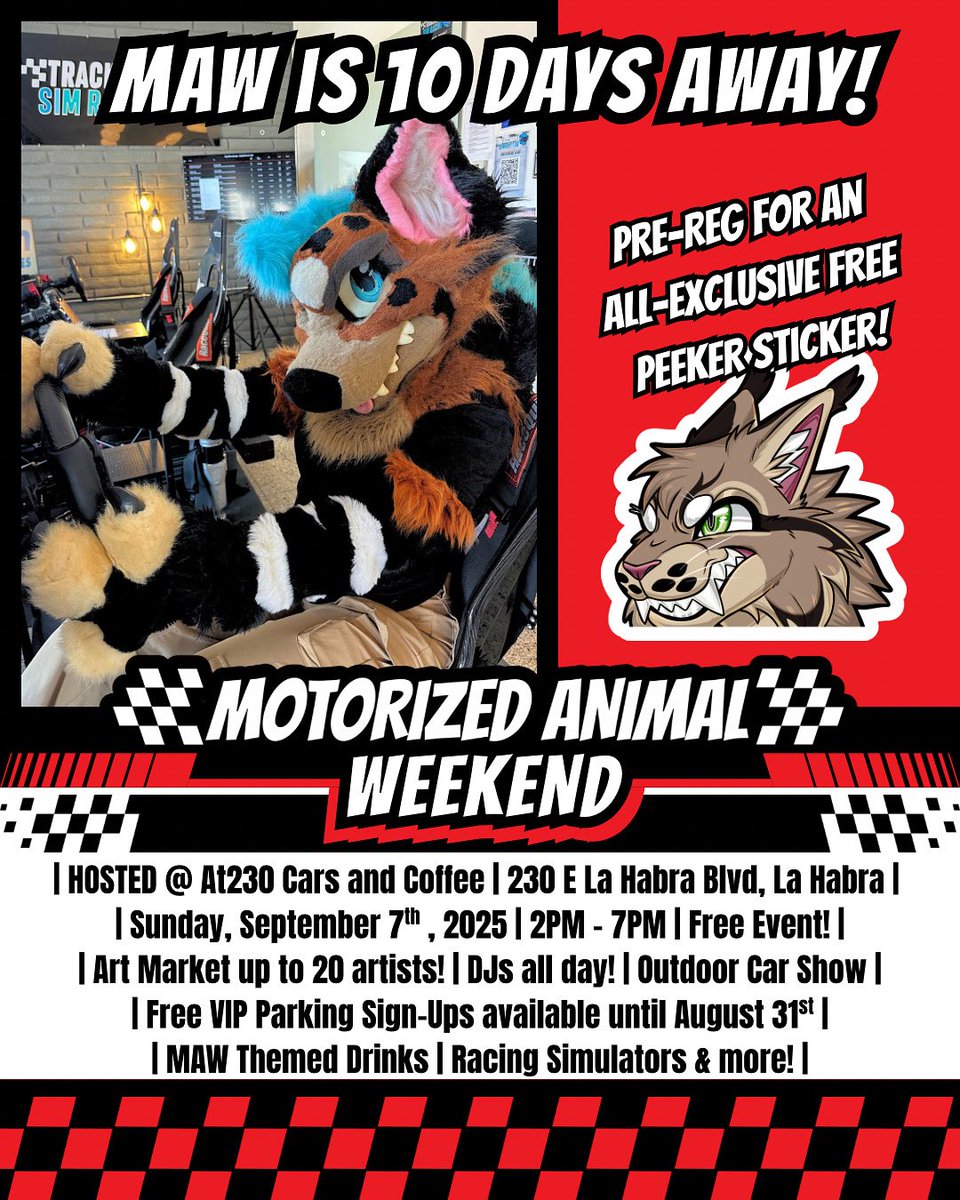 🛞Zoomies incoming!!!! 🐾💨
Just 10 days until MAW!
🎟️ Pre-Reg NOW for a FREE peeker sticker from our booth 👀
VIP Parking closes Aug 31‼️Sign Up now it before we fill up on spots! 🐾 ( Free &amp; Sponsor Options available! ) 

Pre-Reg &amp; Car Show Parking: 

linktr.ee/maw_/