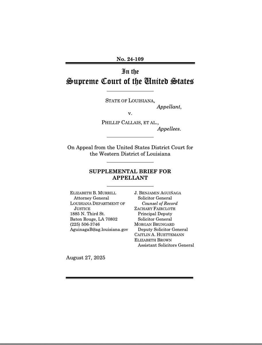 NEW: Louisiana has filed its supplemental SCOTUS brief in the Louisiana congressional redistricting case on the constitutionality of Section 2 of the Voting Rights Act.

supremecourt.gov/DocketPDF/24/2…