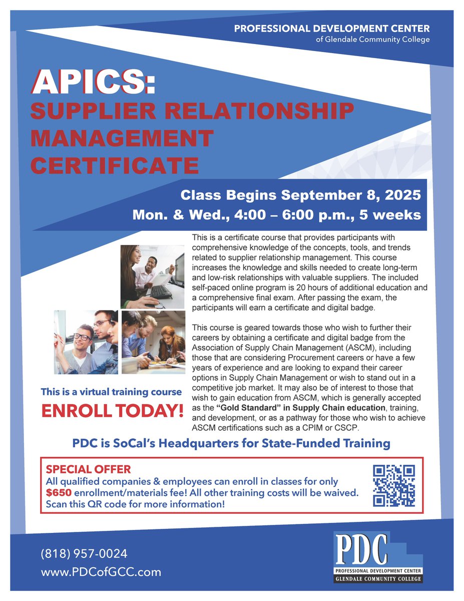 PDCGlendale's tweet image. APICS Supplier Relationship Management Certificate Starts September 8, 2025.
Contact us today for more information and enrollment in this course.
#apics #supplychain #goldstandard #certificate #training #ascm #education #professionaldevelopment