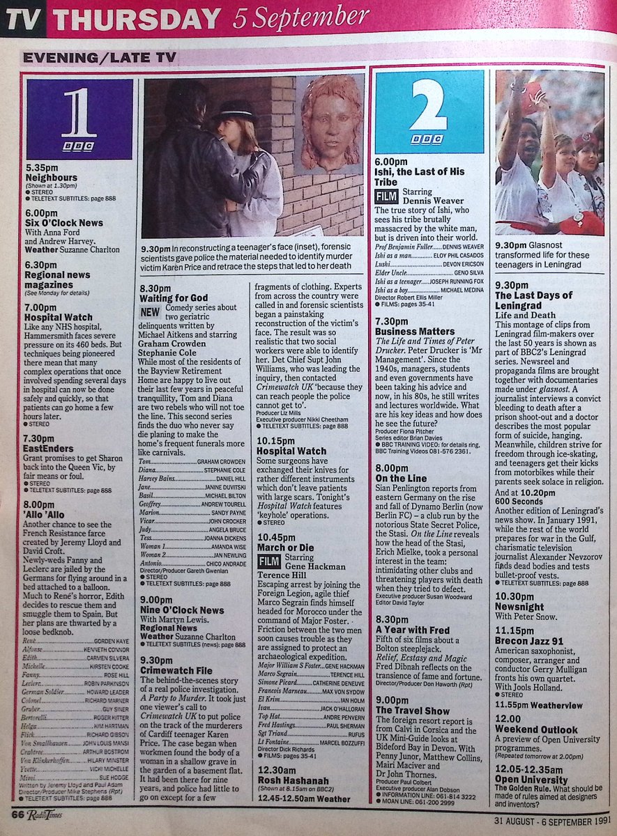 TvDidYouSee's tweet image. #OnThisDay 5 September 1991 📺TV Listings
#GaryLinekar is now your host for WE ARE THE CHAMPIONS.
#GaryWebster makes his first appearance alongside #GeorgeCole in MINDER.
Grant promises to get Sharon back to the Vic in #EastEnders.
WAITING FOR GOD returns for a new series.