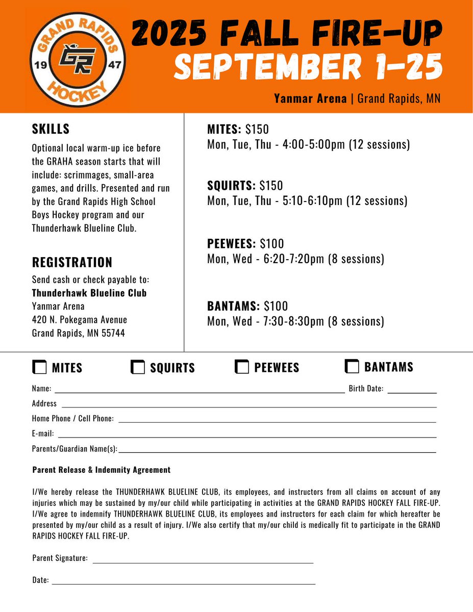 CAMP REMINDER!
Please see flyer below for information on Fall Fire Up!

Camp starts September 1st at Yanmar Arena.

You can find the PDF to print under the "Event" tab on GRHockey.com