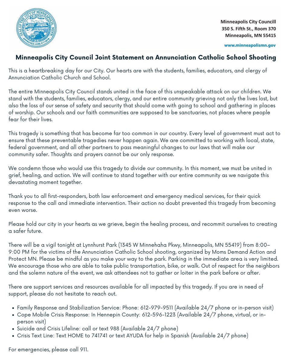 My colleagues and I hope to see you at the vigil tonight. Our full statement on this morning’s Annunciation Catholic School Shooting: