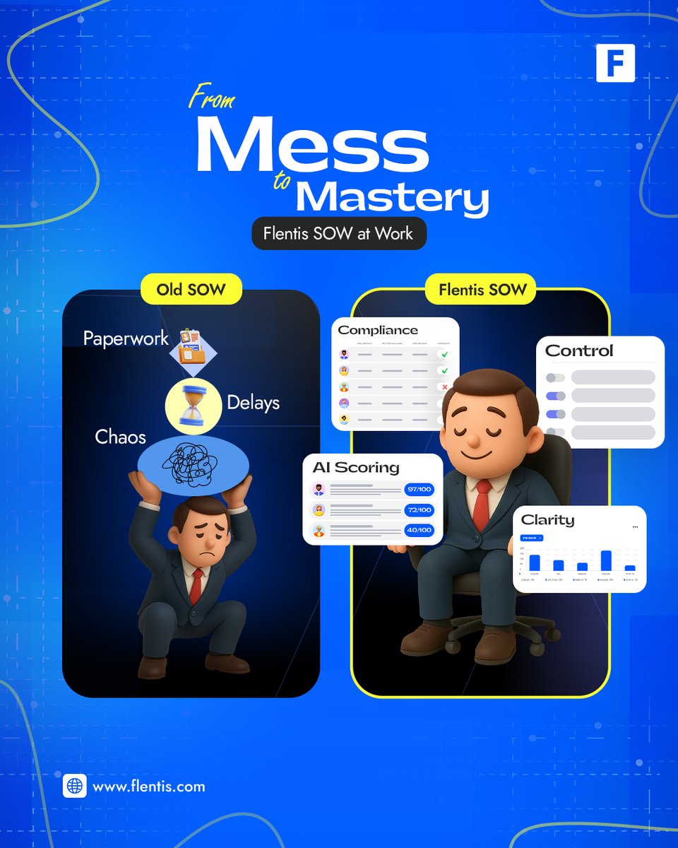 Old SOW meant delays, confusion, and endless paperwork. With Flentis SOW, you gain compliance, control, AI scoring, and complete clarity — turning mess into mastery.

Flentis transforms how enterprises manage projects and partners — driving efficiency, accuracy, and confidence.