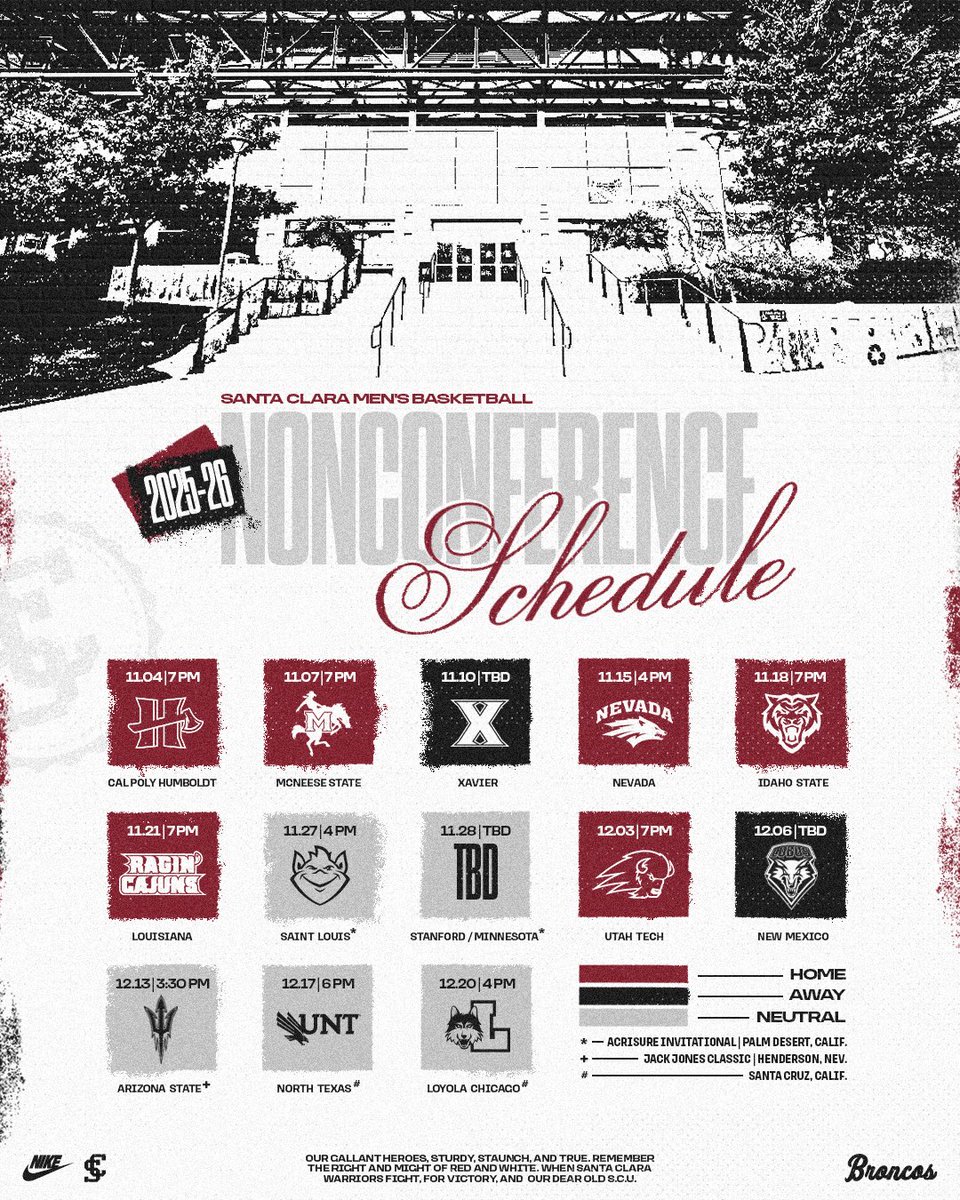 𝗧𝗵𝗲 𝟮𝟬𝟮𝟱-𝟮𝟬𝟮𝟲 𝗡𝗼𝗻-𝗖𝗼𝗻𝗳𝗲𝗿𝗲𝗻𝗰𝗲 𝗦𝗰𝗵𝗲𝗱𝘂𝗹𝗲 🐎

📰: santaclarabroncos.com/news/2025/8/27…

🎟️: scubroncos.scu.edu/section/new-sh…

#StampedeTogether