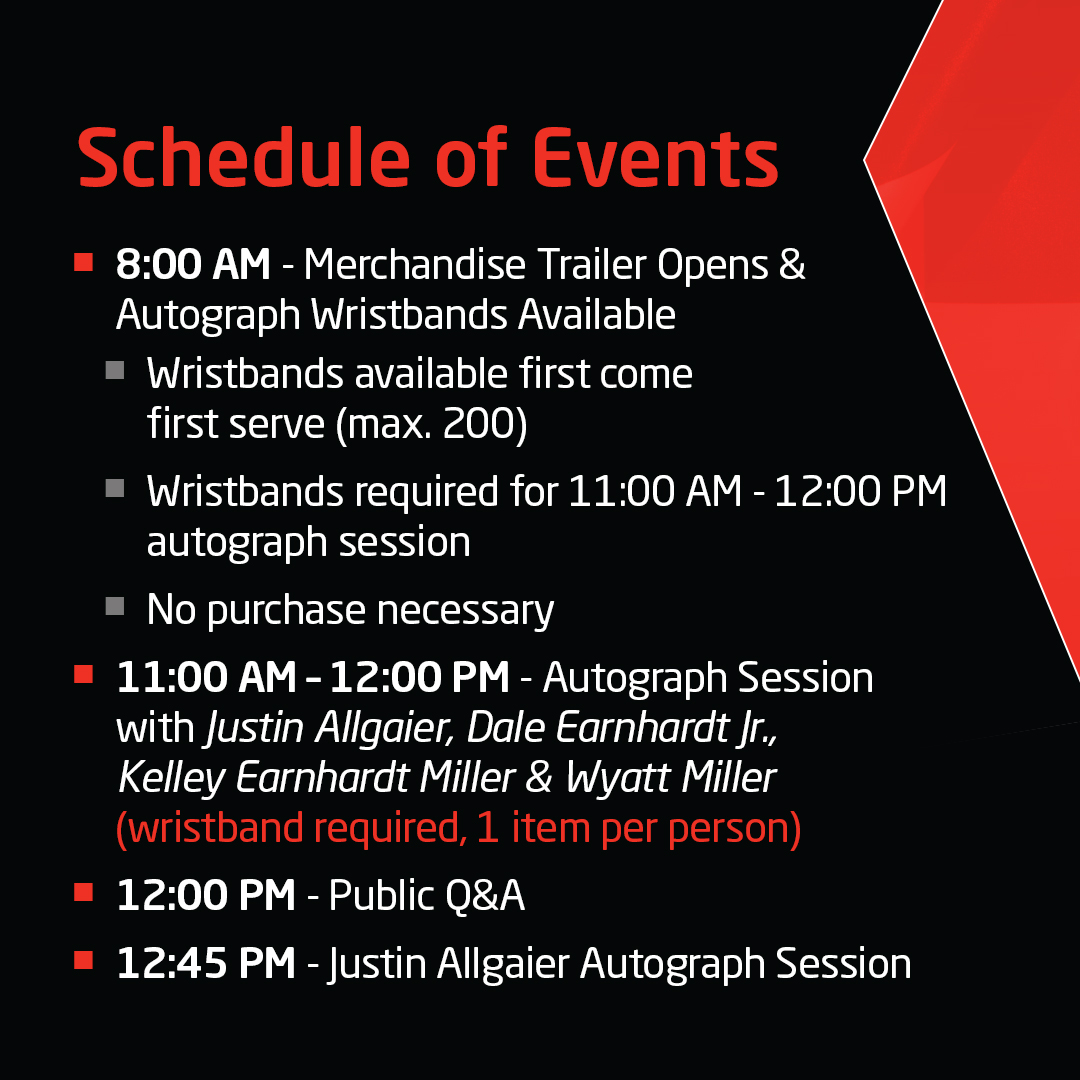 Springfield, get ready!🏁

NASCAR Xfinity Series Champion and hometown favorite Justin Allgaier is bringing Dale Earnhardt Jr., Kelley Earnhardt Miller, and Wyatt Miller with him for a special event ahead of World Wide Technology Raceway. Join us next Wednesday, September 3 for