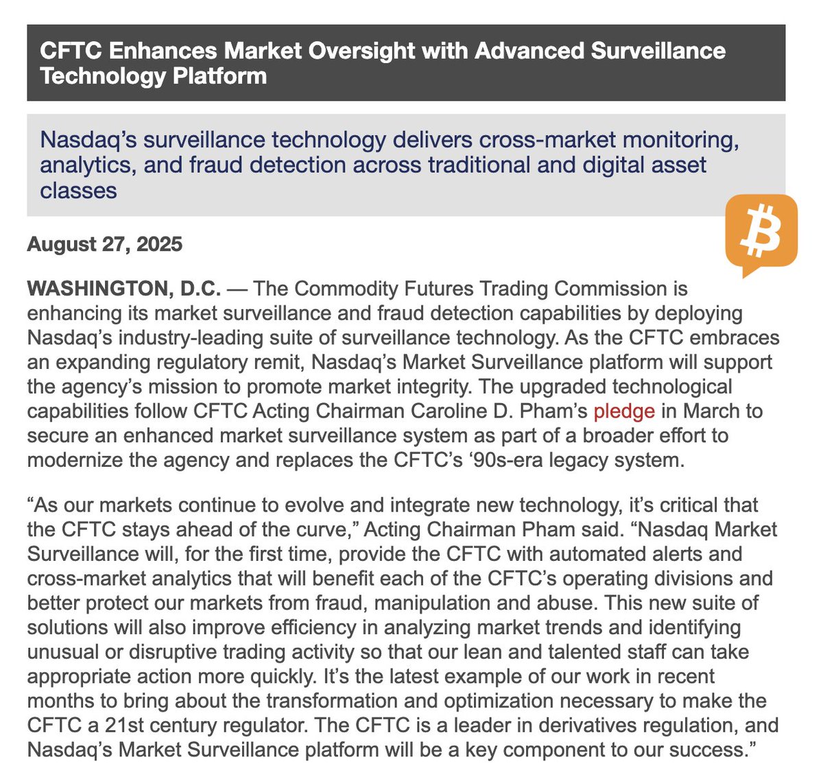reallive3tv's tweet image. JUST IN: 📰🕵️The CFTC enhances market oversight with Nasdaq&apos;s advanced surveillance technology, expanding capabilities to monitor traditional and digital asset classes.

@CFTC @NasdaqExchange #digitalassests
