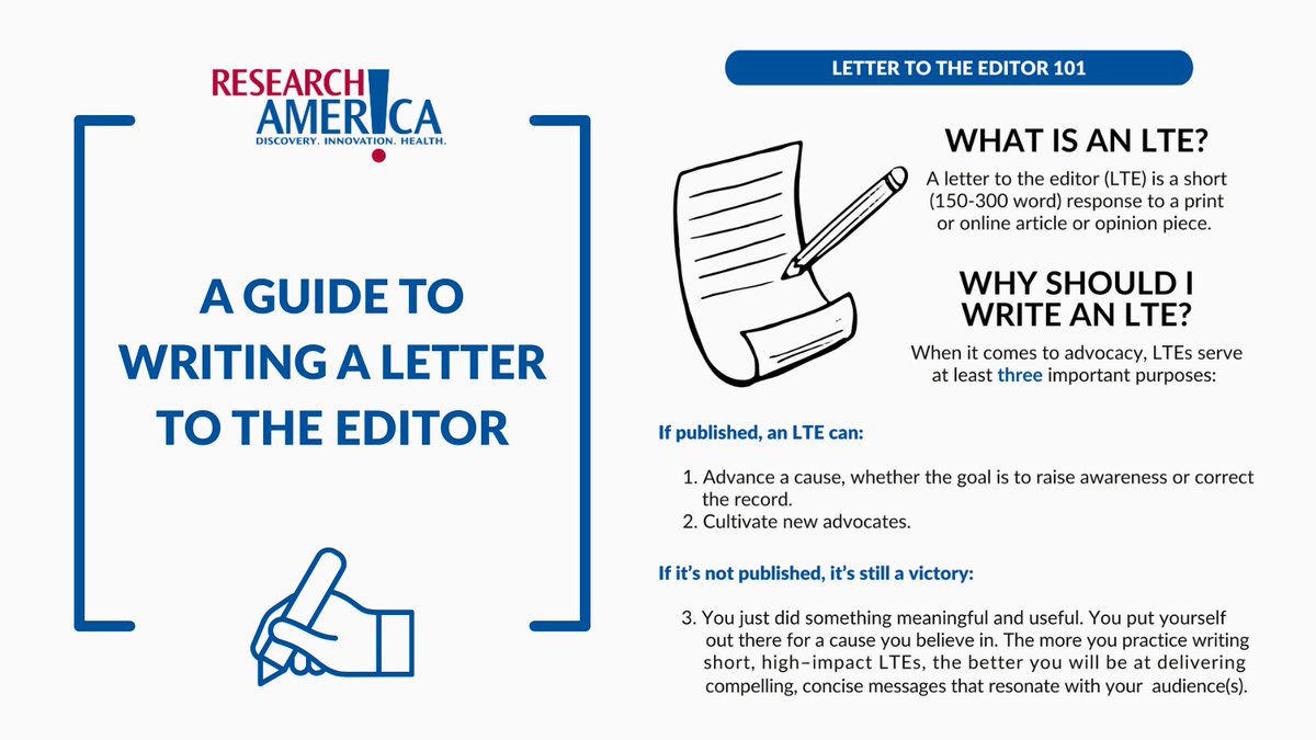 ResearchAmerica's tweet image. A letter to the editor (LTE) is a powerful tool in #SciComm. 📝
A well-crafted LTE can amplify your voice, influence public dialogue, and spotlight your expertise. 🗞️
Learn how to write one that makes an impact: bit.ly/4n4QNEB
#Research #Advocacy