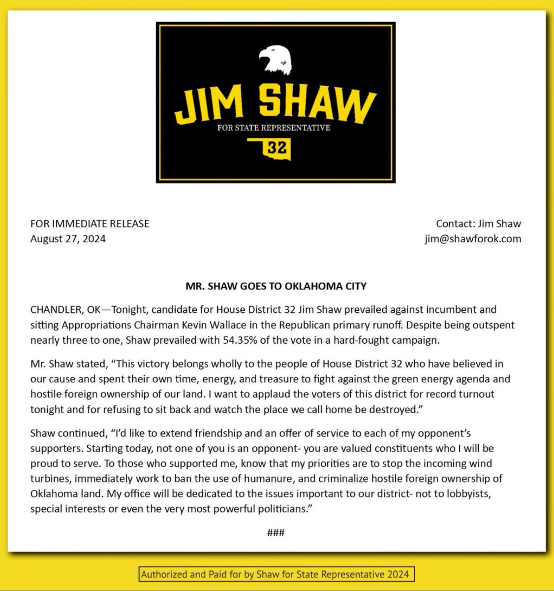 One year ago today I won the run-off election in a hard fought campaign to become the State Representative for District 32. It has been an honor over the last year to fight for this district on the issues that matter to YOU. 

In the press release issued immediately following the