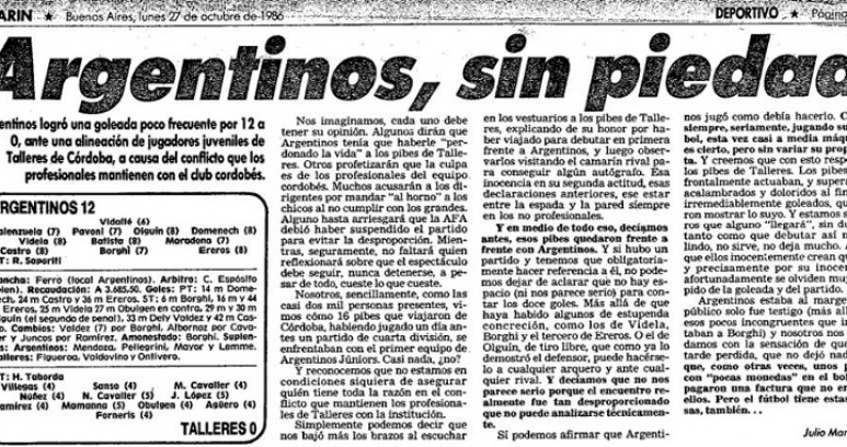 #AAAJ Efemérides.
El día que el bicho hundió a Talleres de Córdoba.

🏟️ Argentinos juniors 12 - Talleres 0
🗓️ 1986

⚽ (3) Ereros
⚽ (2) Castro
⚽ (2) Olguín
⚽ (1) Borghi
⚽ (1) Doménech
⚽ (1) Dely Valdez
⚽ (1) Videla
⚽ (1) e/c