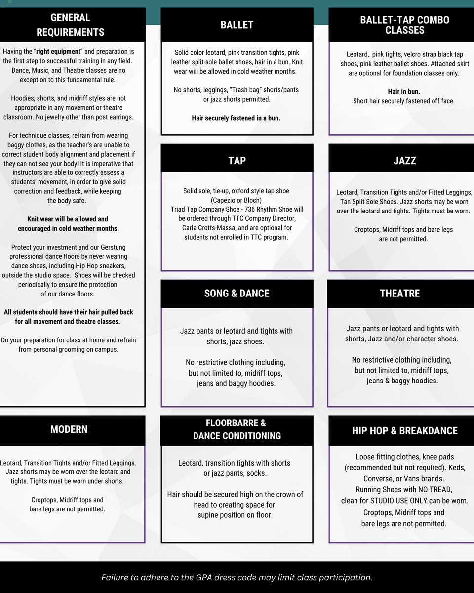 Our season is off to a great start! Here is a reminder of our dress code to ensure our students are set up for success. 

💃Questions on where to buy things? Let us know!