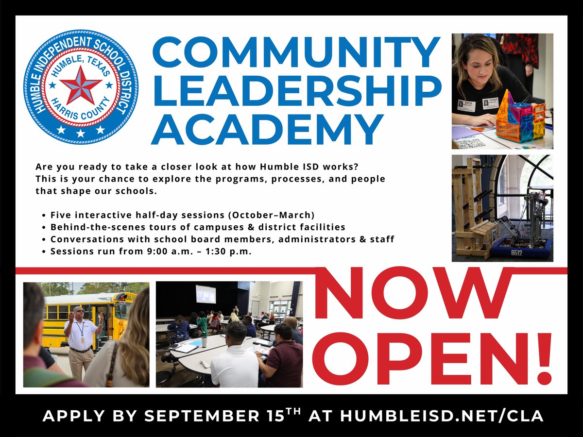 Applications are being accepted through September 15 for the #HumbleISD Community Leadership Academy.
Get a closer look at operations. Explore the programs, processes and people that shape our schools!

🗓️ Five interactive, half-day sessions (October-March)
🏫 Behind-the-scenes