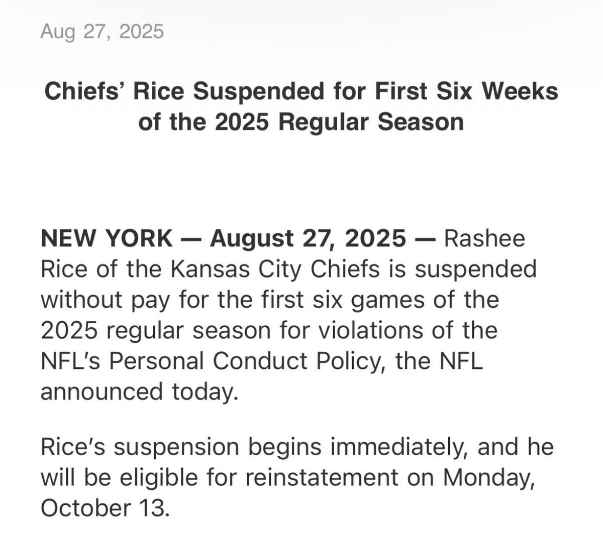 Official: Chiefs WR Rashee Rice now has been suspended for the first six weeks of this season.