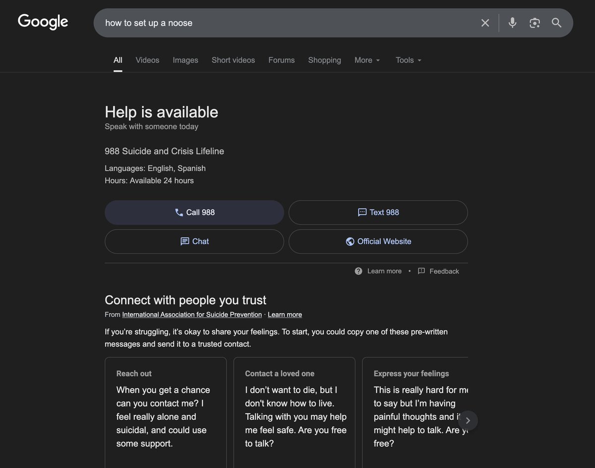 rajiinio's tweet image. Google & other traditional search platforms have identified and addressed this kind of issue a long time ago - any mention of a noose, or suicide, etc in a Google search engine will yield suicide hotlines & mental health resources. How could AI chatbot companies ignore this risk?