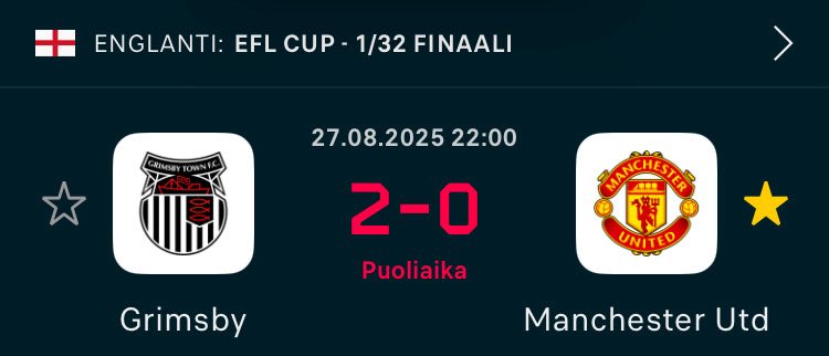 Tilanne, jota en uskonut tänään näkeväni, vaikka olisihan se tietty pitänyt arvata.

Hattua päästä erinomaisesti pelaavalle Grimsbylle, mutta jos tämä on todella ManUn rotaatiomiesten taso, niin tulee todella pitkä kausi.

#MUFCfi #CarabaoCupfi