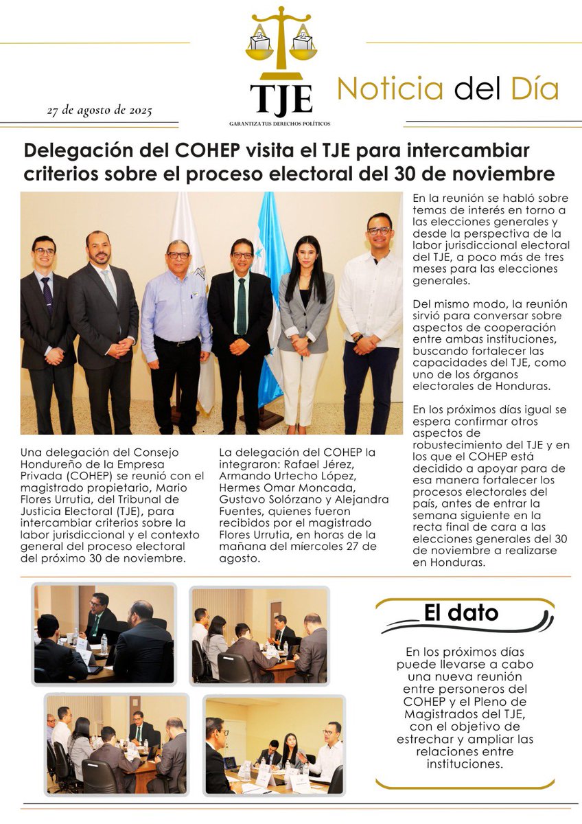 🔈Delegación del @Cohep visitó al TJE para hablar sobre asuntos electorales.