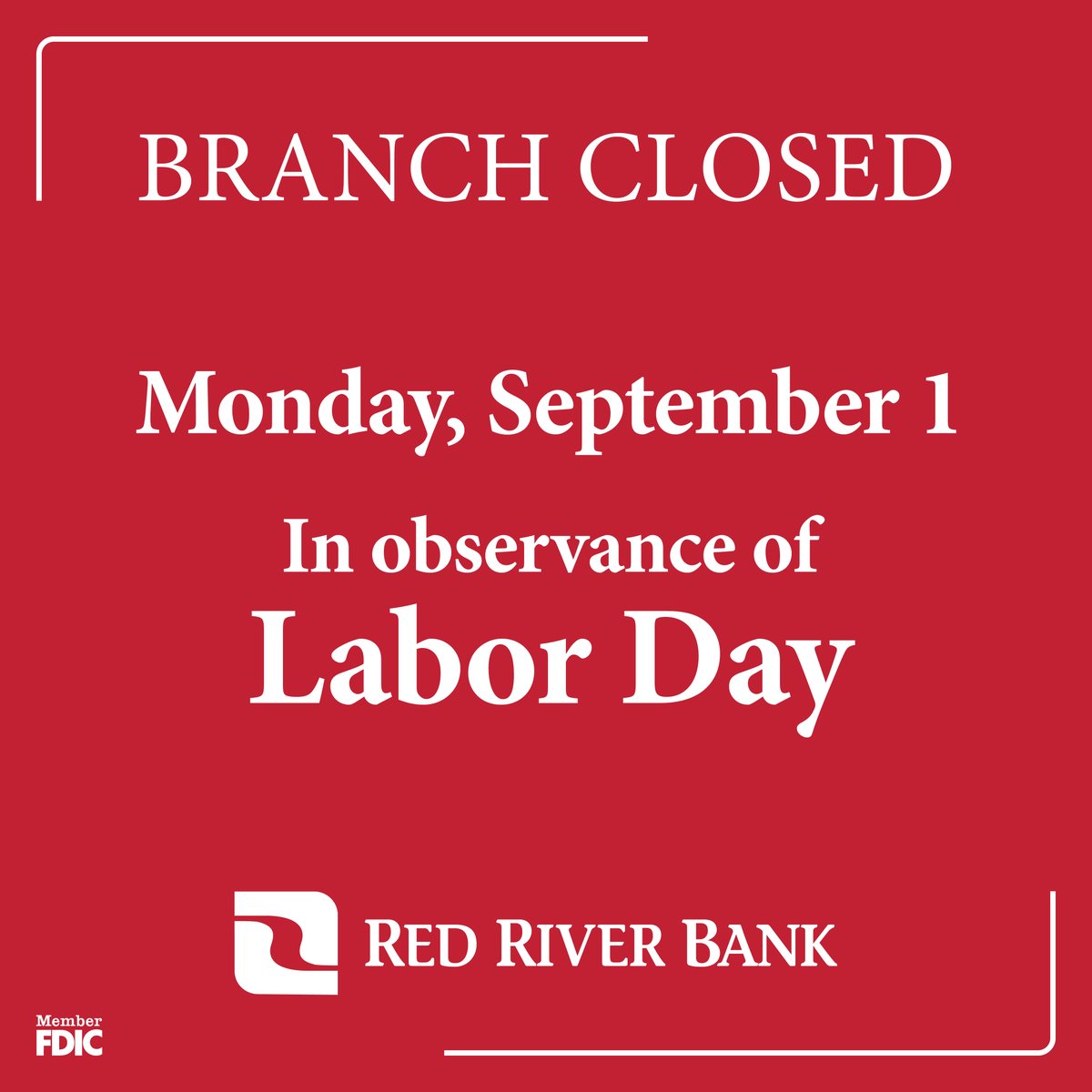 On Monday, September 1st we’ll be closed in honor of the hardworking individuals who make our communities stronger every day. 24/7 banking options are available with our online and mobile banking, telephone banking, and ATMs. Visit ow.ly/JUqL50WuWty.