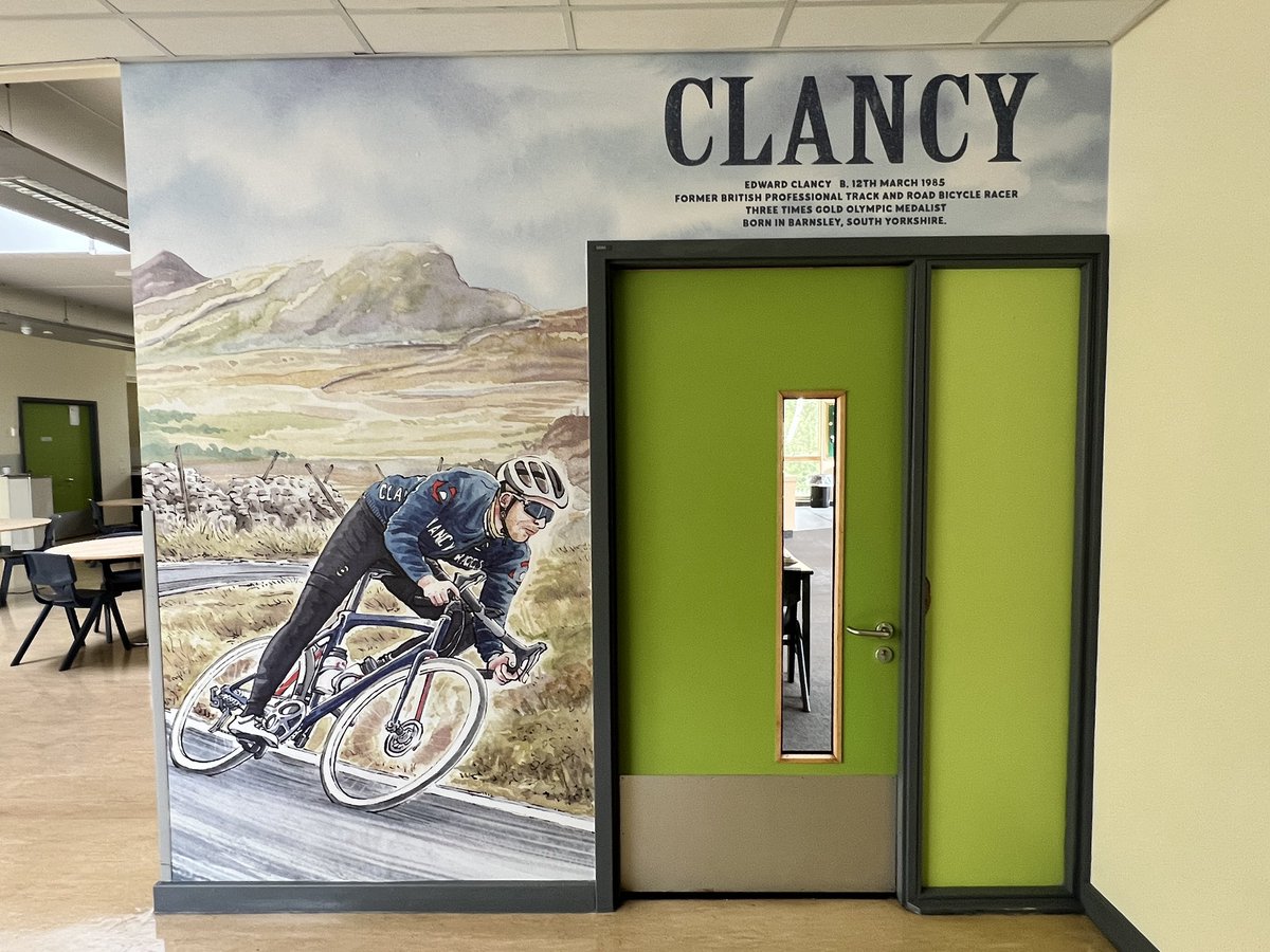 Superb illustrated wall depicting the brilliant inspirational Barnsley Olympian <a href="/Ed_Clancy/">Ed Clancy OBE</a> at <a href="/springwellLC/">Springwell</a> installed as part of their hugely innovative project alongside artist <a href="/dannydeeptown/">Danny Deeptown</a> 
Hope he gets to visit his class namesake and see it in person soon! #cycling #wallart