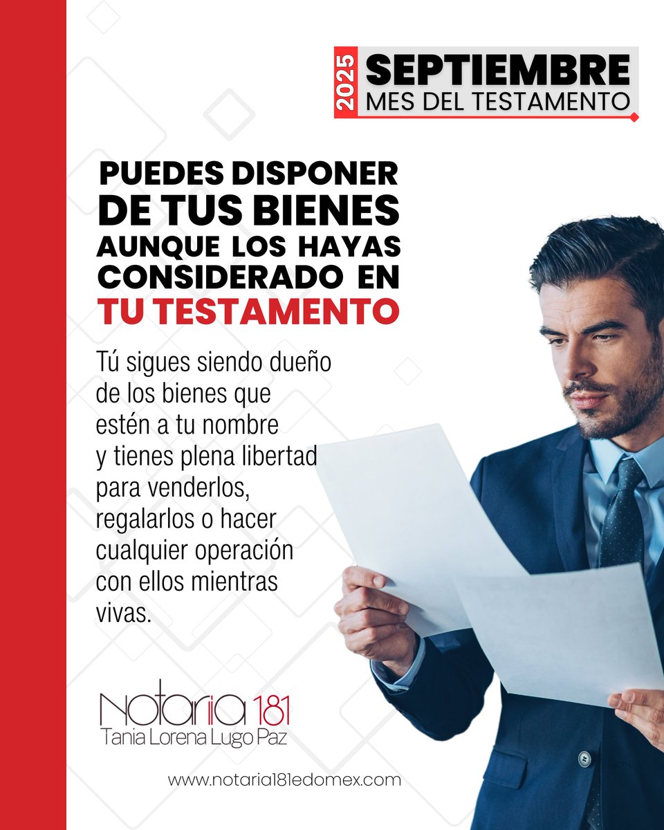 Tu testamento es sólo una garantía de que tu última voluntad respecto a tus bienes será cumplida. Tus propiedades, siguen siendo tuyas hasta el último día.
#SeptiembreMesDelTestamento