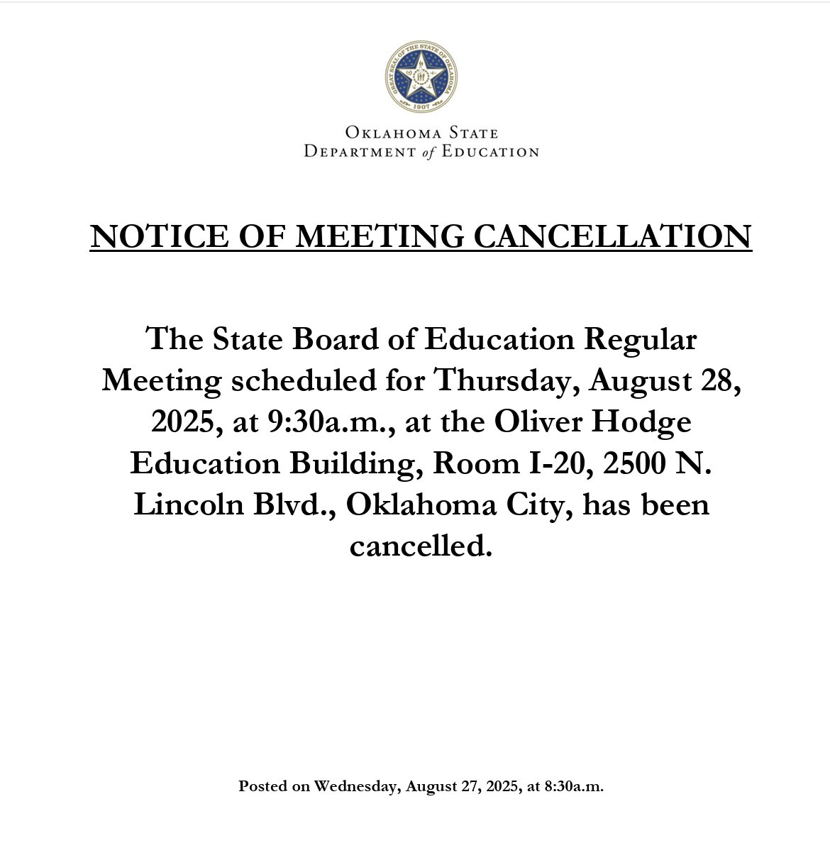 OKSDE had cancelled their meeting for tomorrow morning. We contacted OSDE immediately, and the staff was unaware. The Public Education Forum WILL continue as planned. I encourage those who planned to speak at the OSDE meeting to attend and share their comments with me.
