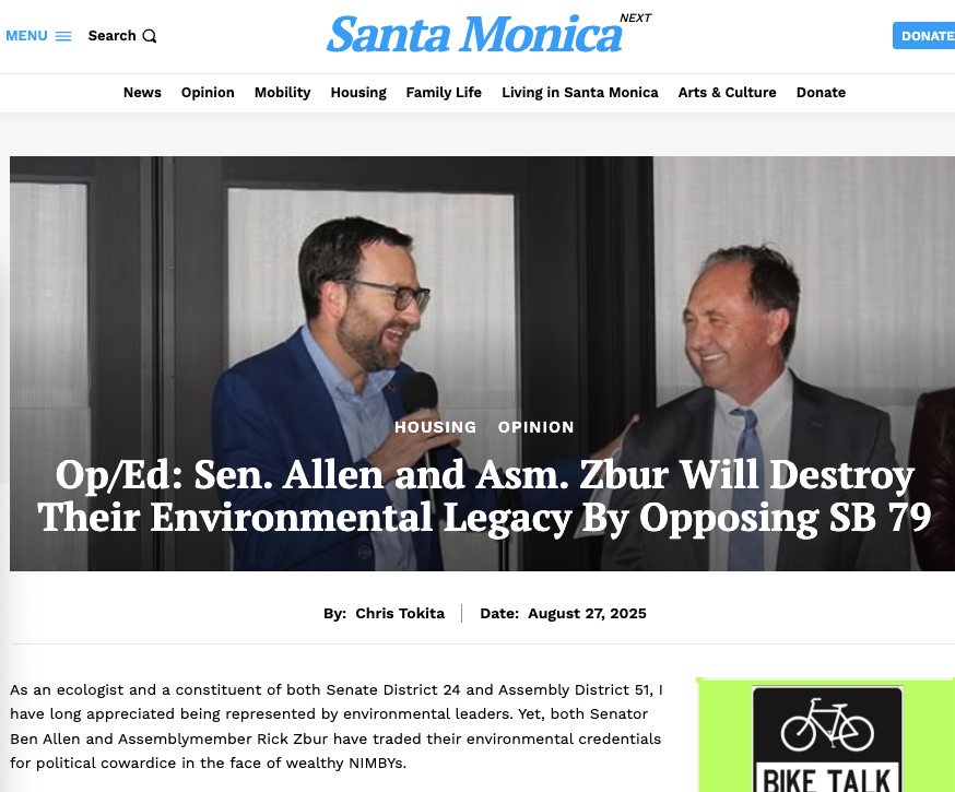 My new op-ed in <a href="/SaMoNext/">Santa Monica Next</a> ✍️

My state legislators <a href="/BenAllenCA/">Ben Allen</a> &amp; <a href="/RickChavezZbur/">Rick Chavez Zbur</a> built careers as environmental leaders. But by siding with NIMBYs against SB 79—the biggest housing + climate bill of the decade—they'll throw away their legacy.

Full piece below⬇️