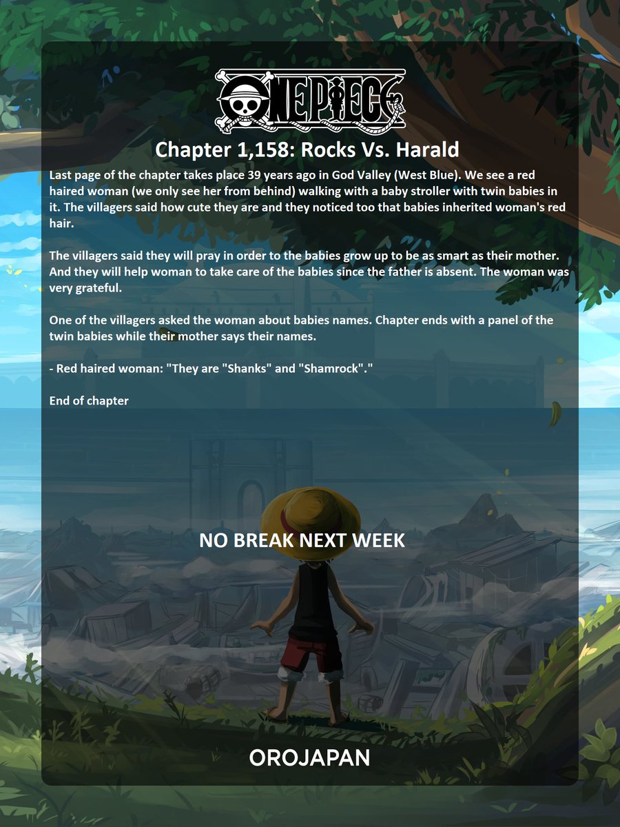 #ONEPIECE1158 
Chapter 1,158 full text spoilers. It's a 15-page chapter, and there's no break next week.