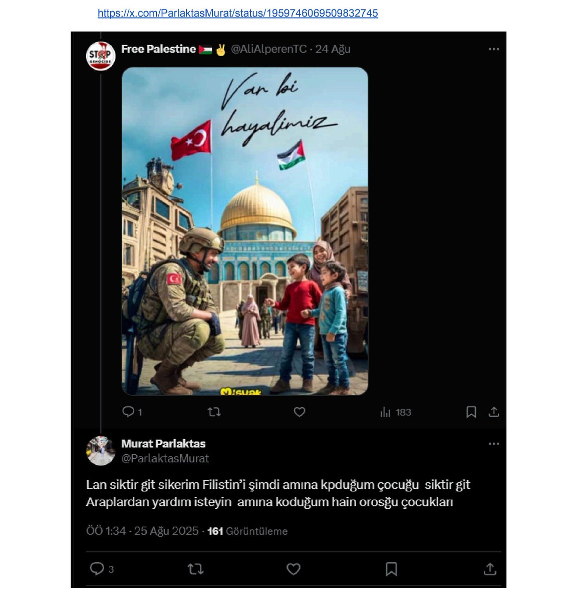 2⃣Murat Parlaktaş isimli şahıs, insanlık dramının yaşandığı, dünyanın gözü önünde katliâm yapılan Filistin Toprakları üzerinden; firene basmadan, Arap Milleti üzerinden tahrîke devâm ediyor...

#MuratParlaktaşTutuklansın

<a href="/adalet_bakanlik/">T.C. Adalet Bakanlığı</a> <a href="/TC_icisleri/">T.C. İçişleri Bakanlığı</a> <a href="/EmniyetGM/">Türk Polis Teşkilatı</a>