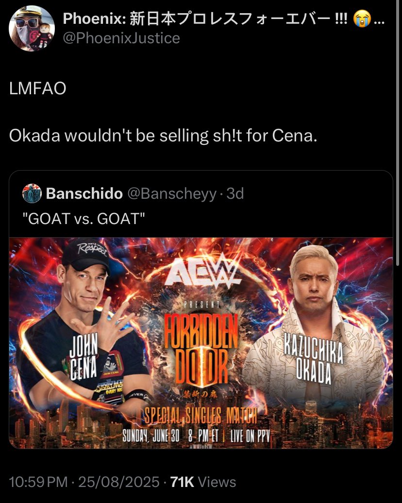 okada will sell for low tier wrestlers in aew but not one of the greatest wrestlers ever. Sure