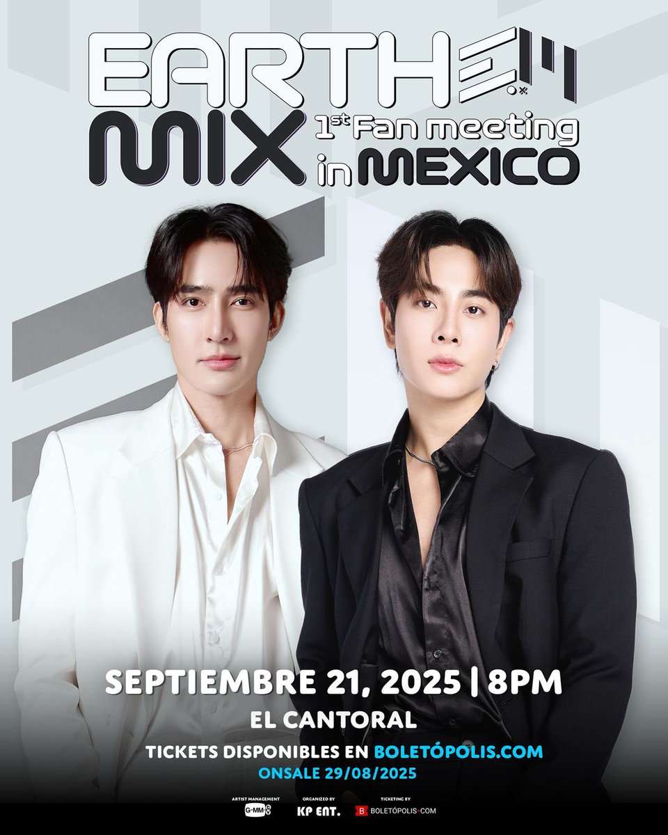 KPEntertainment's tweet photo. ¡EARTHMIX en México! 🤎
El dúo de GMMTV llega con su primer fanmeeting el 21 de septiembre 2025, 8 p.m. en El Cantoral.

🎟 Venta de boletos: 29 de agosto, 2 p.m. (hora CDMX)

👉 Fanmeeting: https://t.co/IWCgEuvBZH
👉 Fansign (con boleto fanmeeting): https://t.co/cLVmVxOAmF https://t.co/PX1QXyqwCn