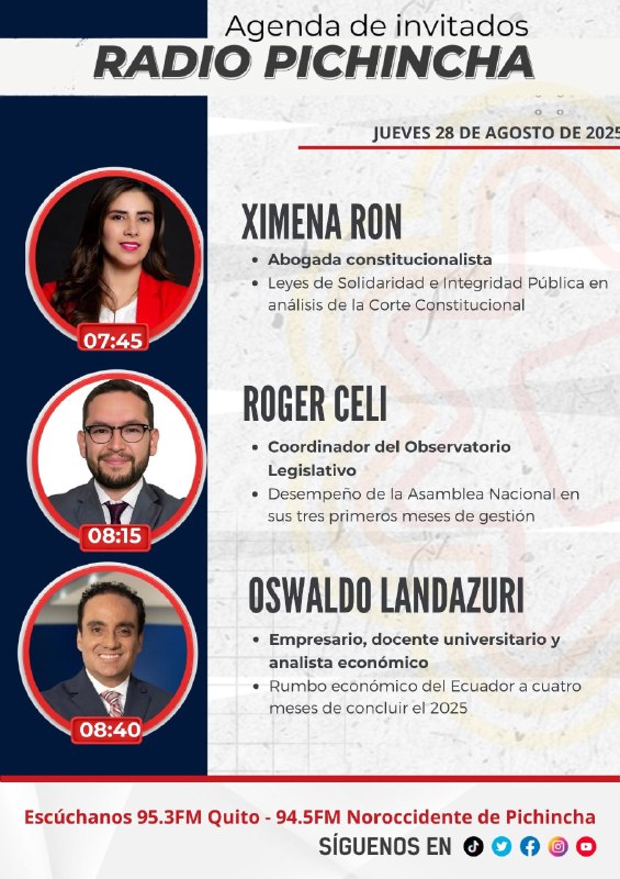 📌 #Agéndalo || Este jueves 28 de agosto sigue las entrevistas de 🎙#PuntoNoticias primera emisión:
🗣 07h45: <a href="/XRonErraez/">Ximena Ron Erráez</a> 
🗣 08h15: <a href="/RogerCeli1/">Roger Celi Pérez</a> 
🗣 08h40: <a href="/landazurio/">Oswaldo Landázuri</a> 
Por la 📻 95.3FM - 94.5 FM al noroccidente de Pichincha y 📲💻 transmisión en vivo por redes sociales.