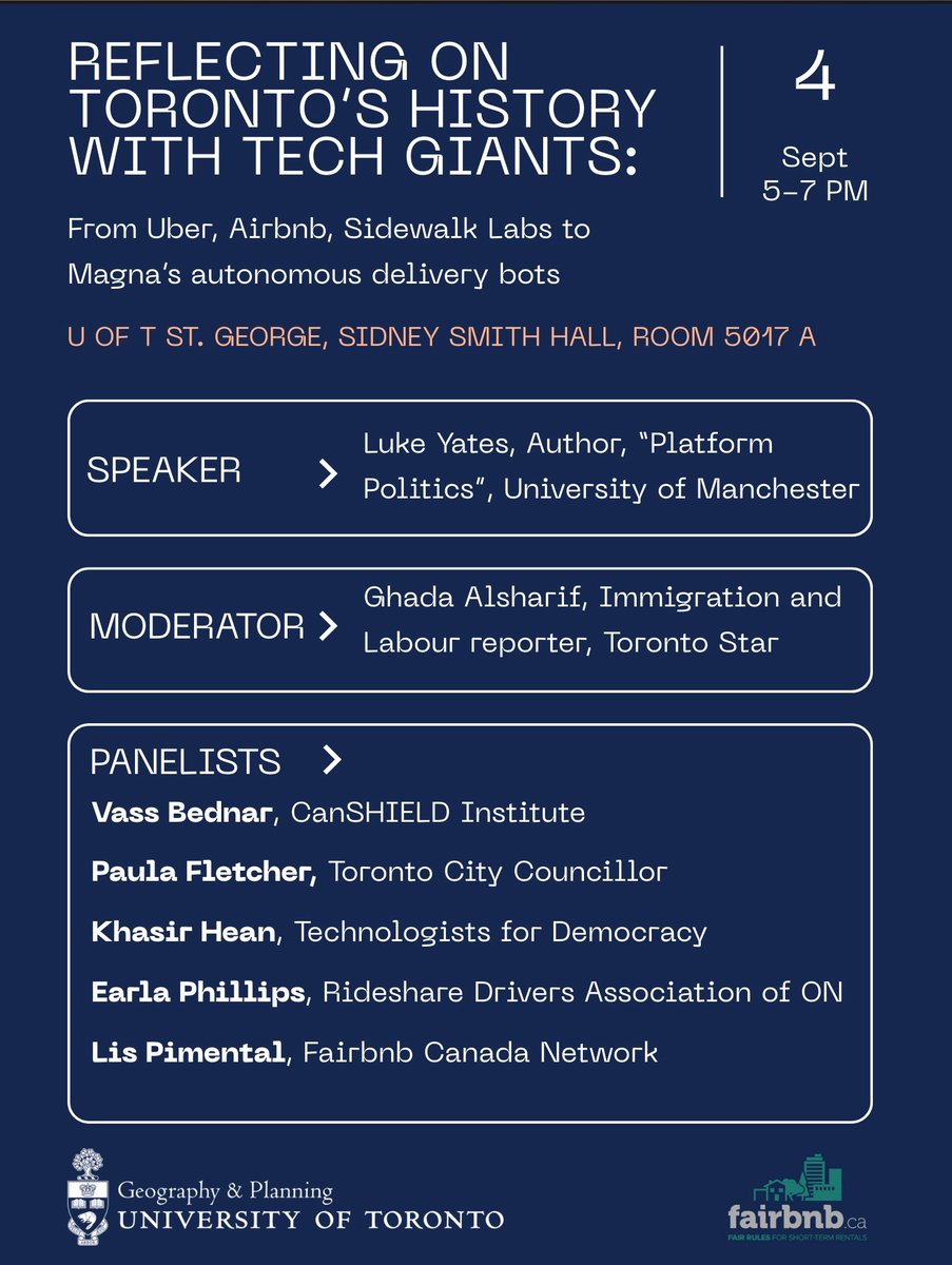 I'm pleased to be taking part in a discussion on Toronto's history with tech giants next week!

I'll be joined by Luke Yates, author of Platform Politics, and other activists and experts on big tech's attempts to influence politics in Toronto and city's around the world.

Join us