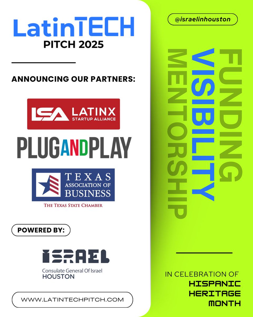 We’re proud to announce our LatinTech Pitch 2025 Partners: the Texas Association of Business (TAB), Plug and Play, and the Latinx Startup Alliance.

TAB, the voice of Texas business, drives pro-growth and pro-innovation policy statewide. Plug and Play, one of the world’s leading