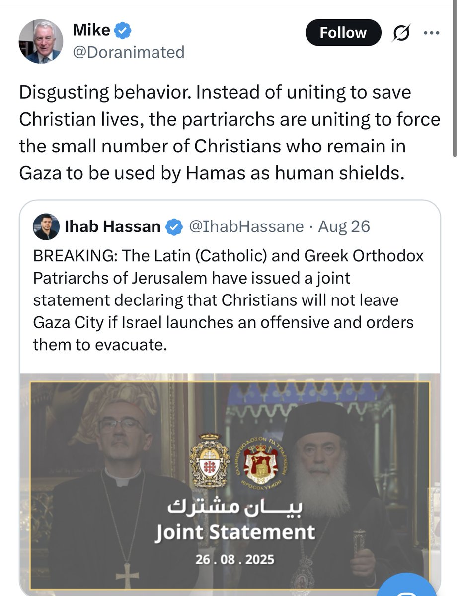 This shill for a regime that ethnically cleansed 100,000 Armenians dares to call Gaza's Christian leaders "disgusting" as they face slaughter? The hypocrisy is breathtaking. The vileness is unmatched. The moral bankruptcy is absolute.