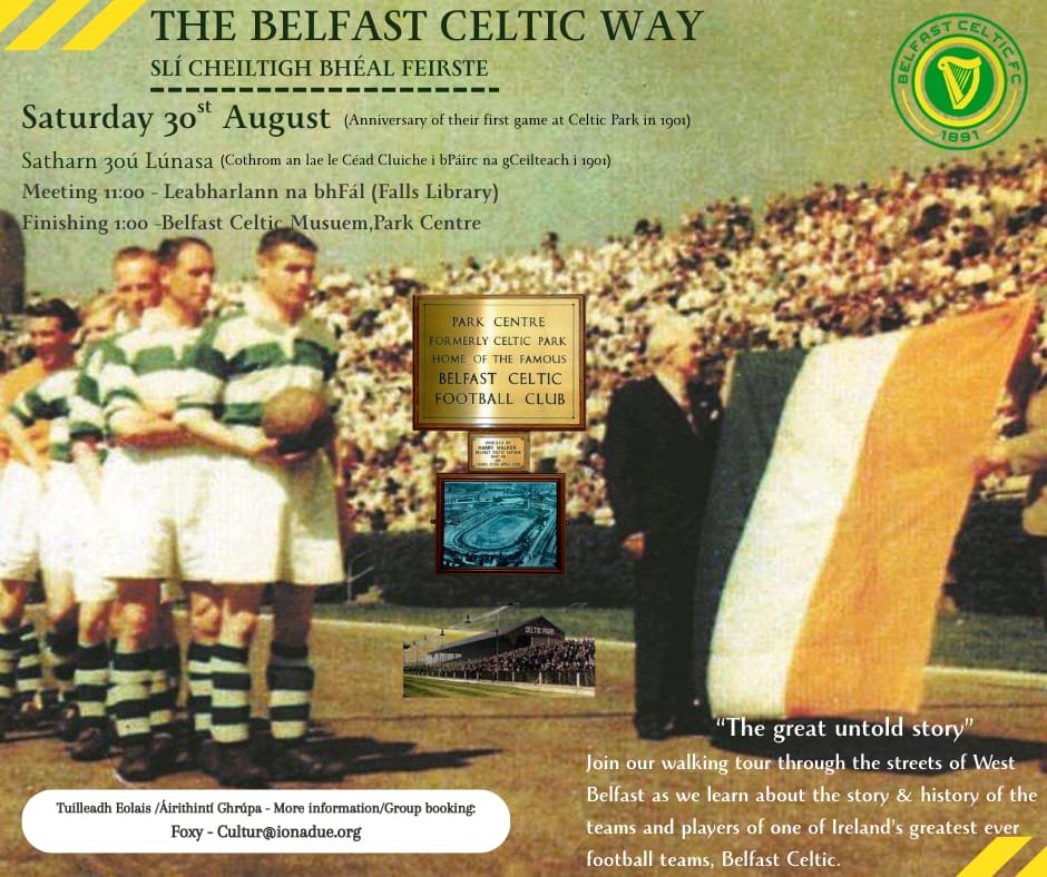 seanfennell4's tweet image. Belfast Celtic Way Tour
Sat 30 Aug-@11.00@ Falls Library 
Camchuairt na gCeilteach 

Tour will go up the Falls, tracing Celtic History, finishing in Park Centre, Celtic Musuem @1.00
Charlie Óg Tully, Seán F and Foxy!
Hail, Hail! Free tour.
Donations Welcome!