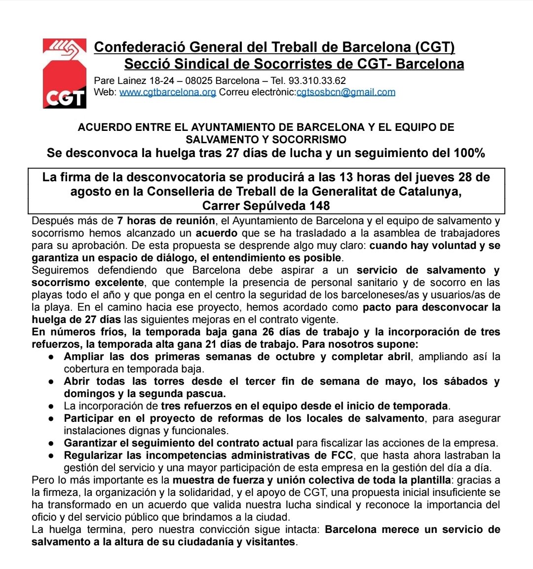 CGT BarcelonⒶ (@cgtbarcelona) on Twitter photo ACUERDO ENTRE EL AYUNTAMIENTO DE BARCELONA Y EL EQUIPO DESALVAMENTO Y SOCORRISMO
Se desconvoca la huelga tras 27 días de lucha y un seguimiento del 100%
<a href="/socorristasbcn/">CGT Socorristas Barcelona 🏴</a> ACUERDO ENTRE EL AYUNTAMIENTO DE BARCELONA Y EL EQUIPO DESALVAMENTO Y SOCORRISMO
Se desconvoca la huelga tras 27 días de lucha y un seguimiento del 100%
<a href="/socorristasbcn/">CGT Socorristas Barcelona 🏴</a>