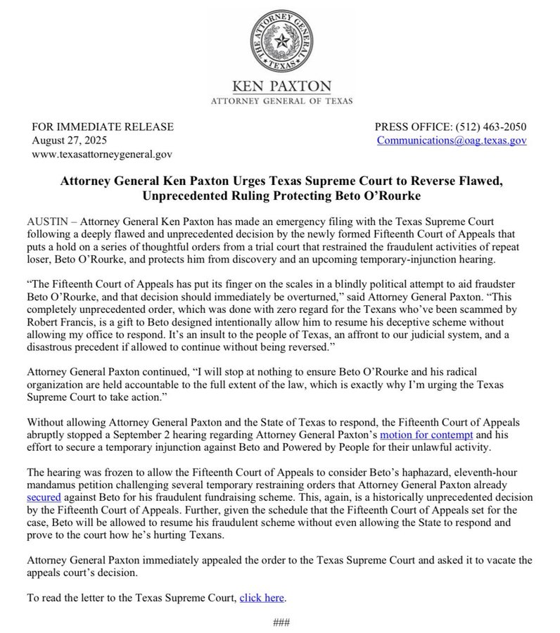 El fiscal general de Texas, @KenPaxtonTx, pidió a la Suprema Corte estatal revertir un fallo que protege a Beto O’Rourke.
Paxton aseguró que no se detendrá hasta que O’Rourke y su organización “sean responsabilizados con todo el peso de la ley”.

#Texas #KenPaxton #BetoORourke