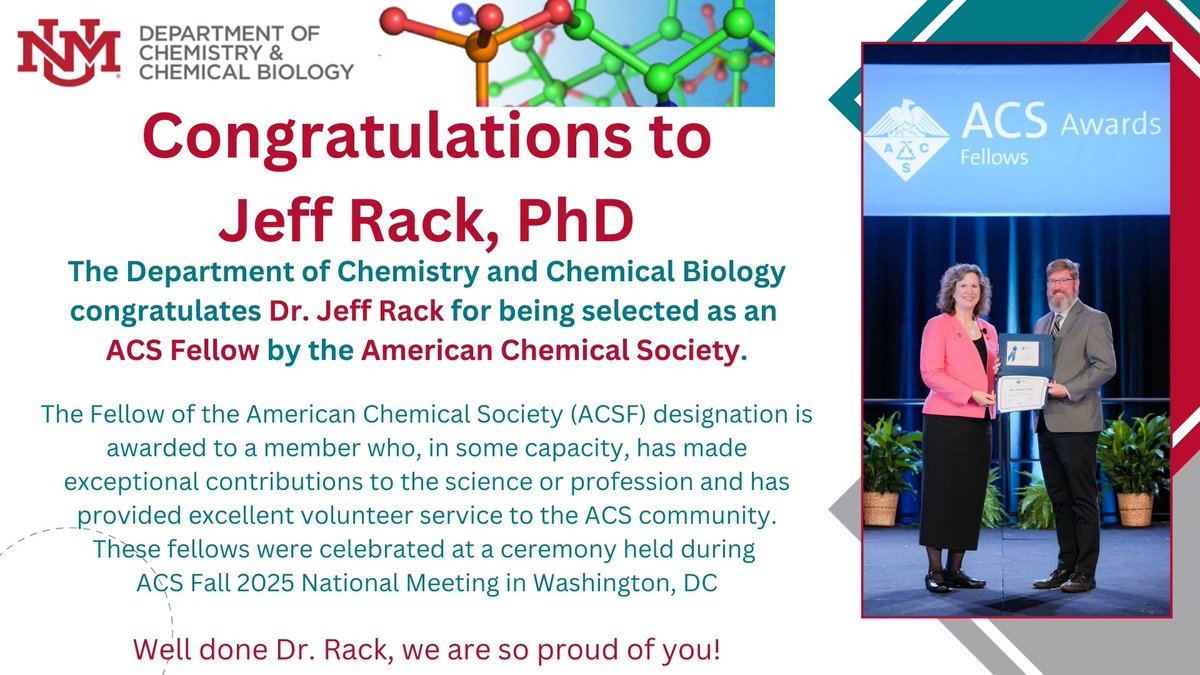 UNM_Chemistry's tweet photo. We have someone to celebrate! Congratulations to the incredible Dr. Jeff Rack for being named an ACS Fellow! We are so very proud of you.  #Chemistry #ACS #ACSFellow #Science #GoLobos #UNMResearch https://t.co/uBB9IiA0Di
