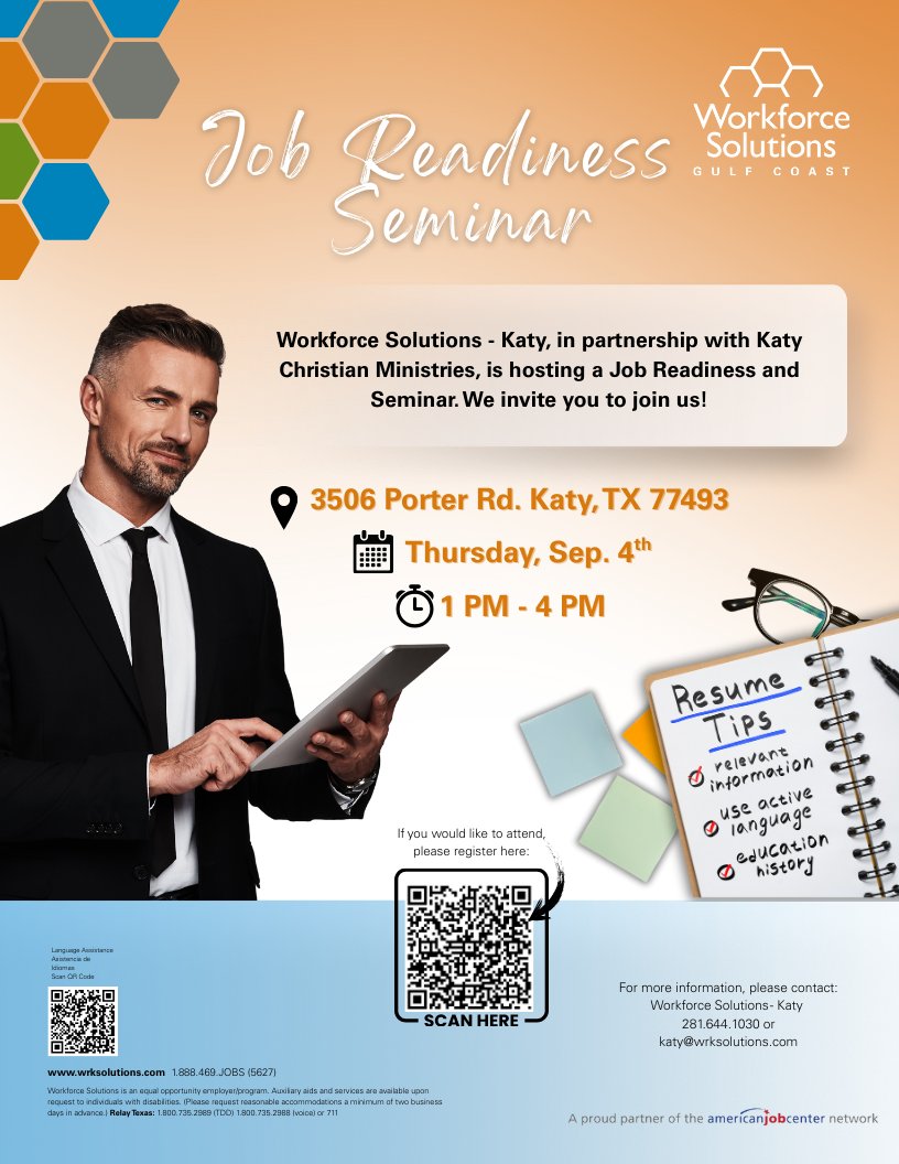 🚀 Ready to take the next step in your career?

🎯 Spots are limited! Register now. ow.ly/2rZT50WN6JR

📞 Questions? Call 281.644.1030 or email katy@wrksolutions.com

#JobReadiness #CareerDevelopment #WorkforceSolutions #KatyTX #ResumeTips #KatyEvents