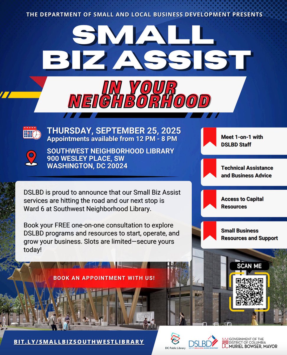 SmallBizDC's tweet image. 📢 Ward 6—we’re bringing #SmallBizAssist to your neighborhood! Meet 1-on-1 with #DSLBD staff for business advice, technical assistance, access to capital support &amp;amp; more!

📅 Sept. 25 | 🕒 12 PM – 8 PM
📍900 Wesley Place SW @dcpl 

Secure your slot today ➡️ bit.ly/SMALLBIZSOUTHW…