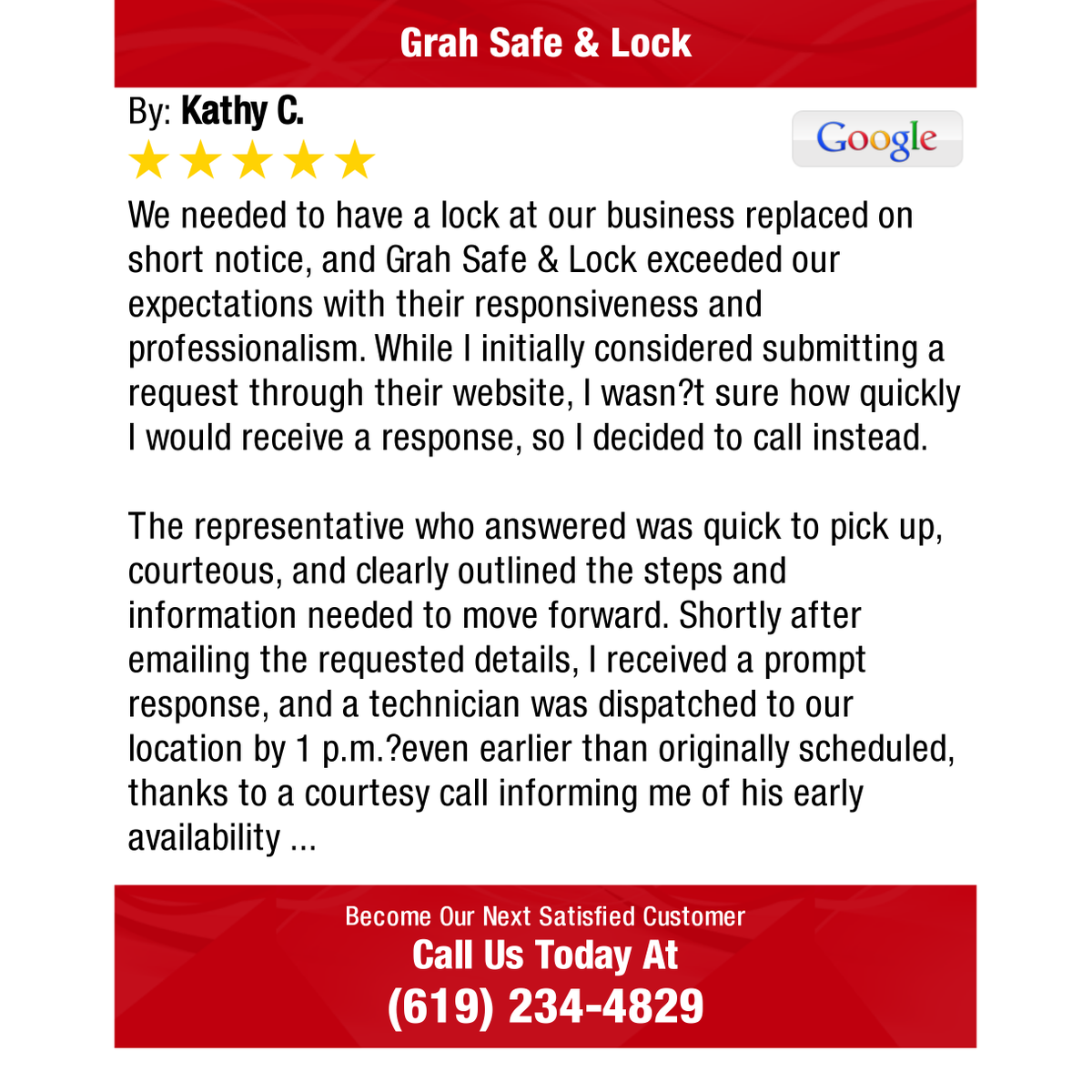 GrahSecurity's tweet photo. 5 Star: Kathy C. "We needed to have a lock at our business replaced on short notice, and Grah Safe &amp;..." https://t.co/ZqGmv4JdOI