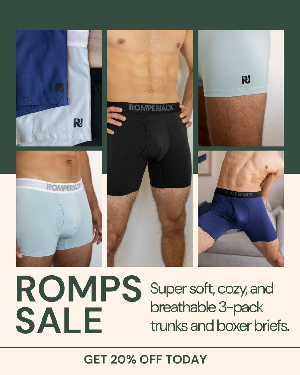 We've got Romps! 😱 Yep, 3-pack boxer briefs or trunks. Get a pack at 20% off. Limited supply.