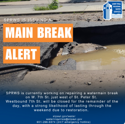 💧Water Main Break/Road Closure Alert: Dtwn @CItyofSaintPaul 8/27
Saint Paul Regional Water Services is repairing a watermain break on westbound W. 7th St.
💧Westbound W 7th St from St. Peter to West 6th St is closed for repairs.
<a href="/stpaulpublicw/">Saint Paul Public Works</a>  <a href="/RiverCentre/">Saint Paul RiverCentre</a>  <a href="/XcelEnergyCtr/">Xcel Energy Center</a>