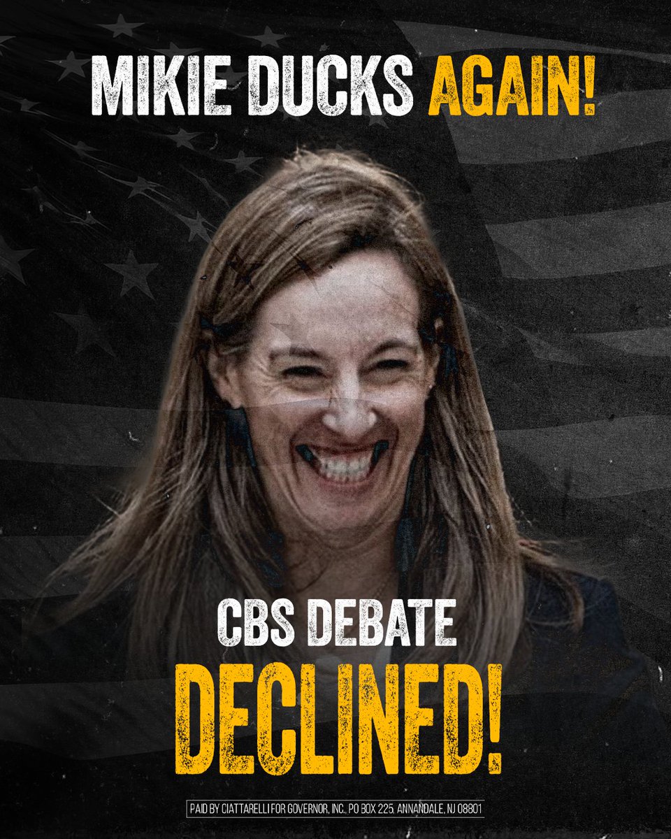 Jack4NJ's tweet photo. 🚨 Mikie Sherrill just turned down ANOTHER debate. This time with CBS News. She’s ducking again.
New Jersey families deserve answers — not a no-show. What is Mikie hiding from? 🦆 https://t.co/SRYa3b1aLf