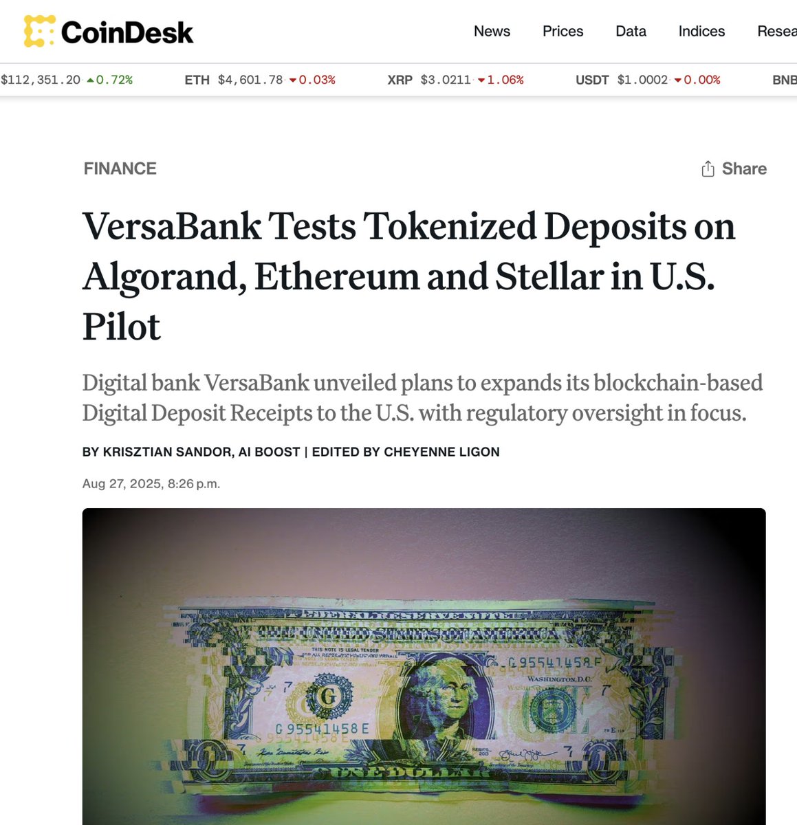 algerstmehn's tweet image. 🚨 Algorand just mentioned by @CoinDesk! 🔥
VersaBank, a Canadian digital bank listed on @Nasdaq, is testing tokenized deposits on $ALGO, $ETH, and $XLM in a US pilot.
Huge news!