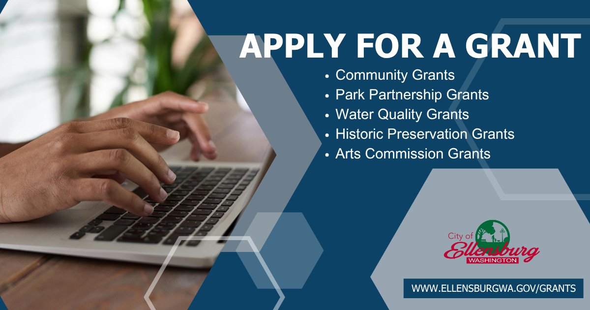 City grant applications close this week!
• Community Grants 
• Park Partnership Grants 
• Water Quality Grants 
• Historic Preservation Grants
• Arts Commission Grants 

The application deadline is 5 p.m. on Friday, August 29, 2025. Learn more: ellensburgwa.gov/grants.