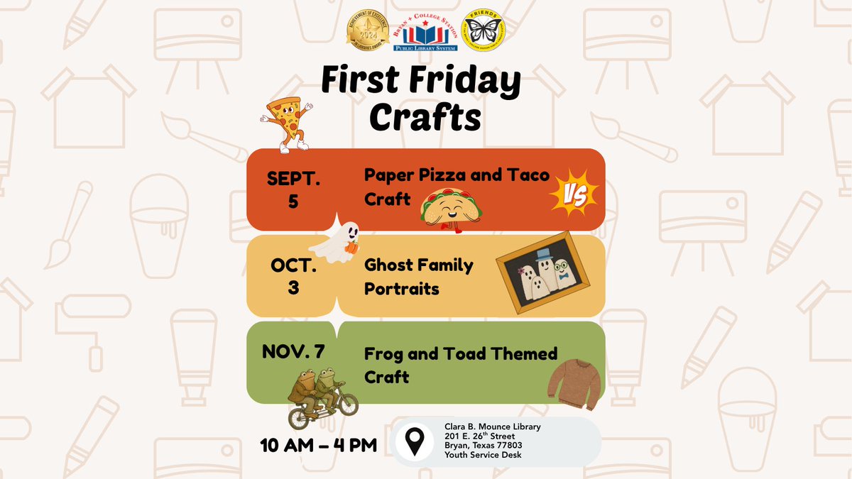 Taco or Pizza? Make a pretend taco, pizza, or both out of paper plates at the Mounce on Friday, September 5th. Come and go fun at the 2nd floor Youth Services desk from 10AM-4PM. Registration not required. #bcstx #crafts #tacos #pizza