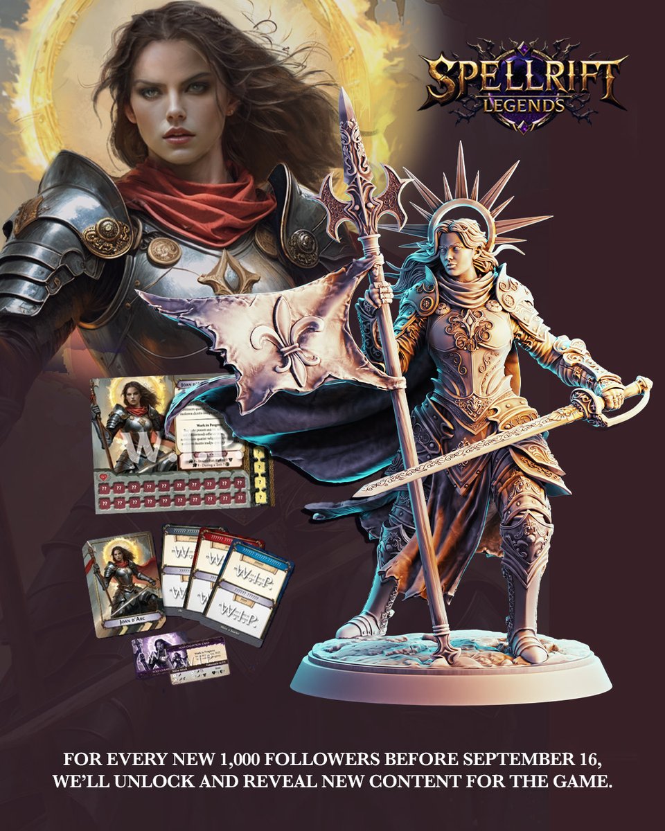 The journey begins at 8,000 followers! ⚔️
Unlock Joan D'Arc, the Saintess, as a new hero.

Every +1,000 followers before Sept 16 = new exclusive content revealed!

👉 Follow on Gamefound:
gamefound.com/en/projects/dr…

#SpellRiftLegends #BoardGames #Gamefound
