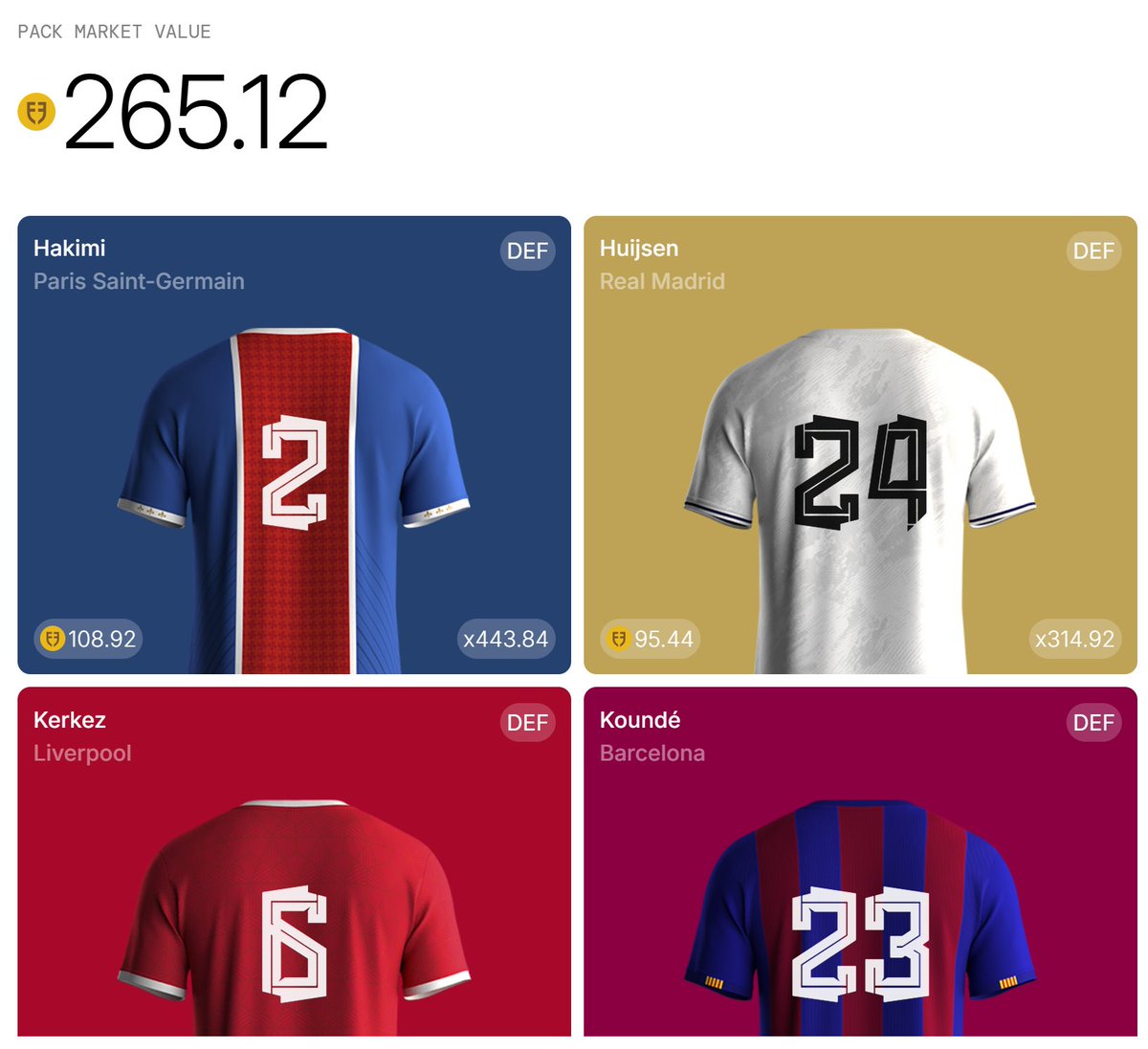 Is the game soul reading my secret defender wishes? <a href="/footballdotfun/">Football.Fun</a> 

That´s what I call a defender pack 💪

The dollar value grows with every opened pack. The spiritual value of my defender lineup - priceless.