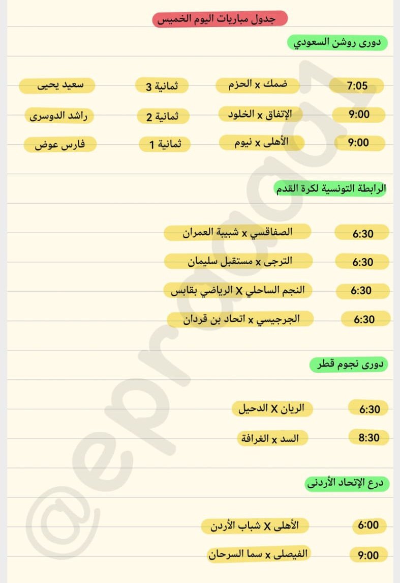جدول مباريات اليوم الخميس بتوقيت السعودية